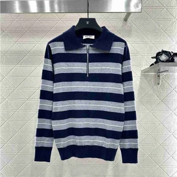 Miu Miu Women's Zip Up Sweater - Navy and Gray Stripes